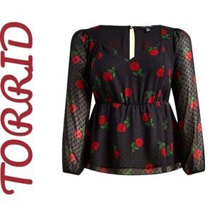TORRID Plus Size New Peplum Chiffon Clip Dot Floral Rose Puff Sleeve Top.